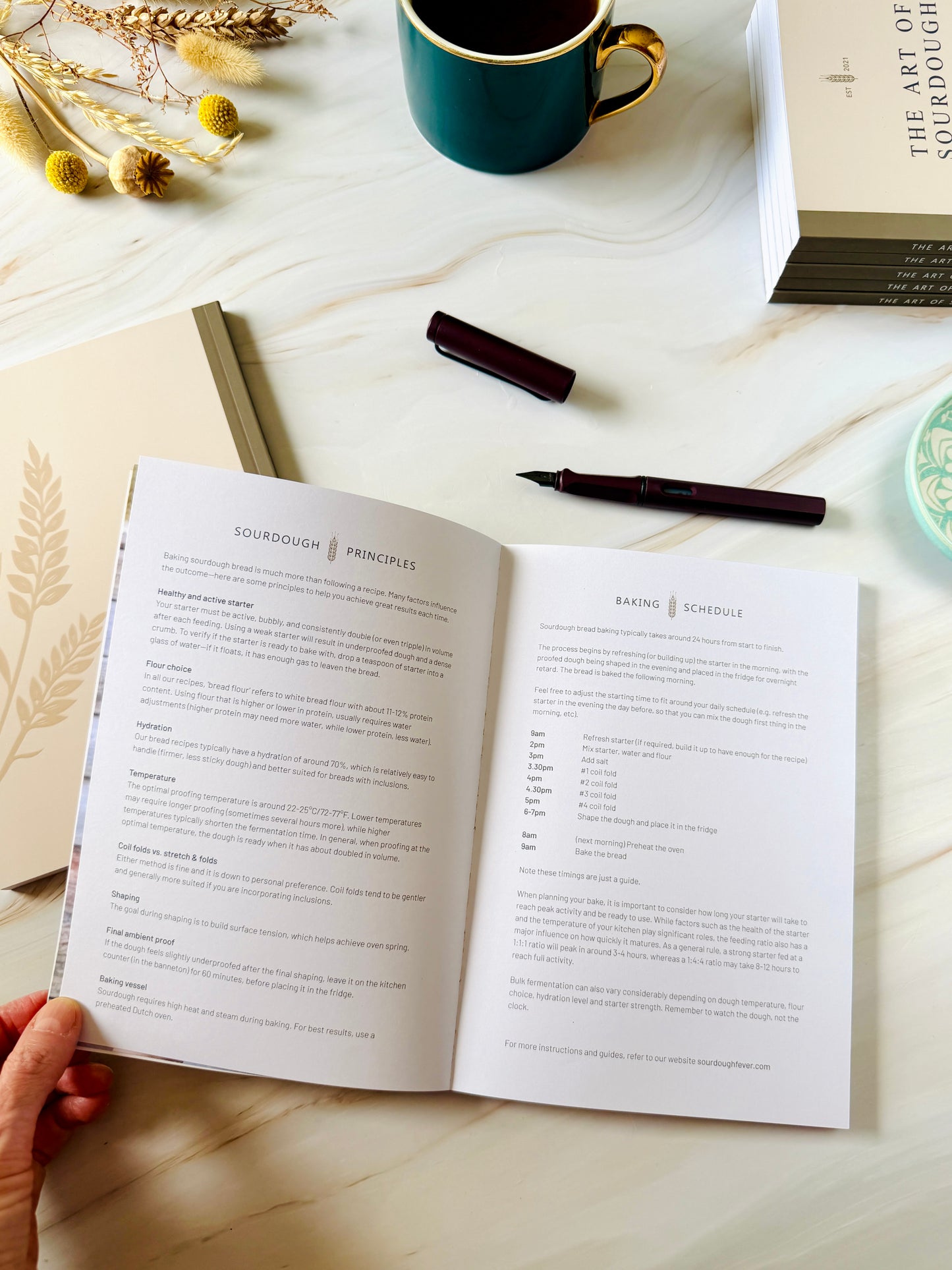 An open book with printed brewing text spread open on a light marble surface, surrounded by a dark teal mug, dried flowers, a pen, and a stack of books. A hand is holding the left page.